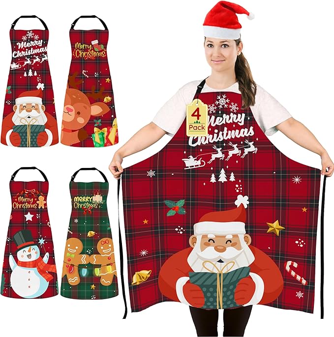 4 Pack Plus Size Funny Christmas Kitchen Aprons for Women Men Adjustable Cooking Chef Aprons Waterproof Bib Aprons Cute Xmas Party Aprons Gift for Bakers Wife Husband Family, Plaid