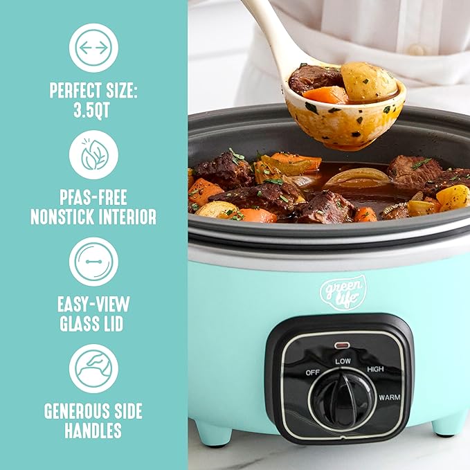 GreenLife 3.5QT Slow Cooker, PFAS-Free Non-Toxic Ceramic Nonstick Removable Interior Bowl, Programmable, Keep Warm, Stovetop & Oven Safe, Dishwasher Safe Crock, Glass Lid, Turquoise