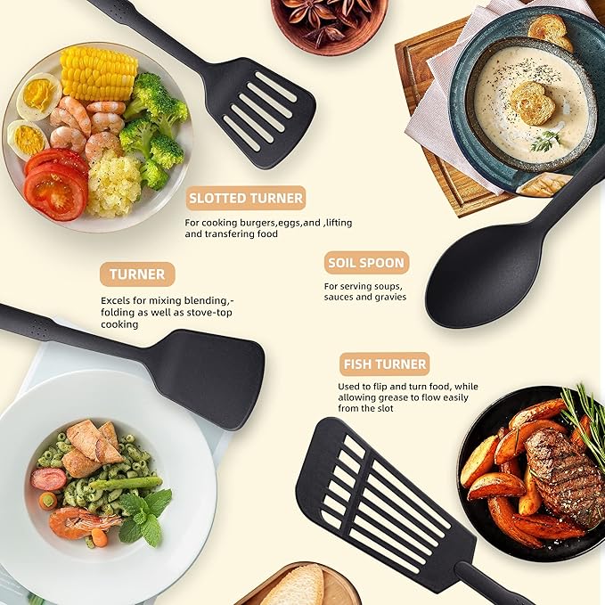 TJ POP Kitchen Utensils Set, 7PCS Cooking Utensils Set 410F° Heat Resistant & Non-stick Food Nylon Kitchen Gadgets Accessories For Cookware, BPA Free Kitchen Tools Gift (Black)