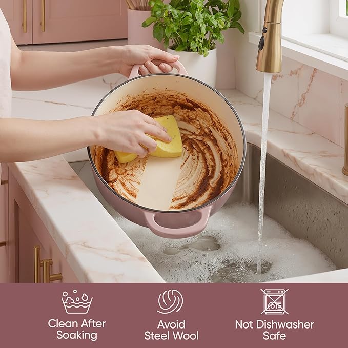 4.5 Quart Dutch Oven Pot with Lid, Non Stick Enameled Cast Iron Dutch Oven for Bread Baking, Heavy-Duty, Oven Safe Ceramic Cookware Up to 500°F for Baking, Braising, Stews, Roasting, Pink