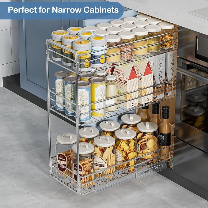 ROOMTEC Pull Out Spice Rack for Narrow Cabinet (5½" W X 20½" D),3 Tier Slide Out Cabinet Organizer and Pull Out Shelves Under Cabinet Storage for Kitchen, Chrome