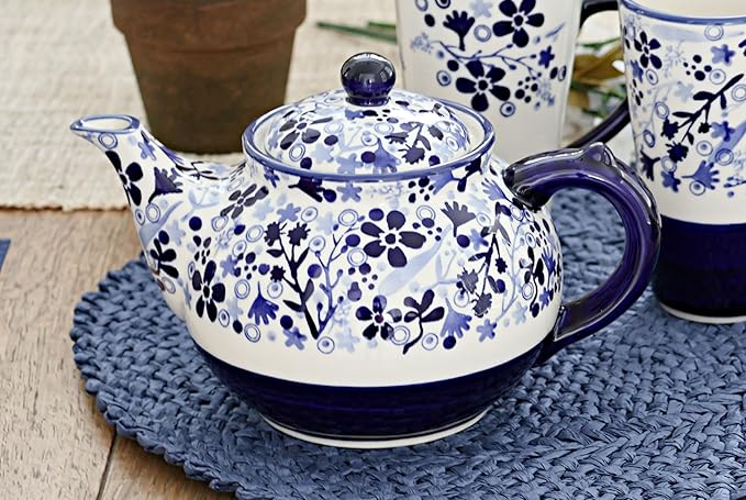 Blue Rose Polish Pottery - Blue Eloise Teapot - 5 Cup Capacity - Hand-Painted Polish Pottery Ceramic Coffee & Tea Server