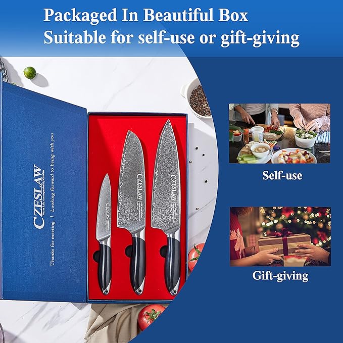 Knife Set 3 Piece, Japanese Damascus Kitchen Knife Set, Professional Sharp Black Cooking Chef Knife, Use Premium Damascus Steel Forge, With Ergonomic ABS Handle