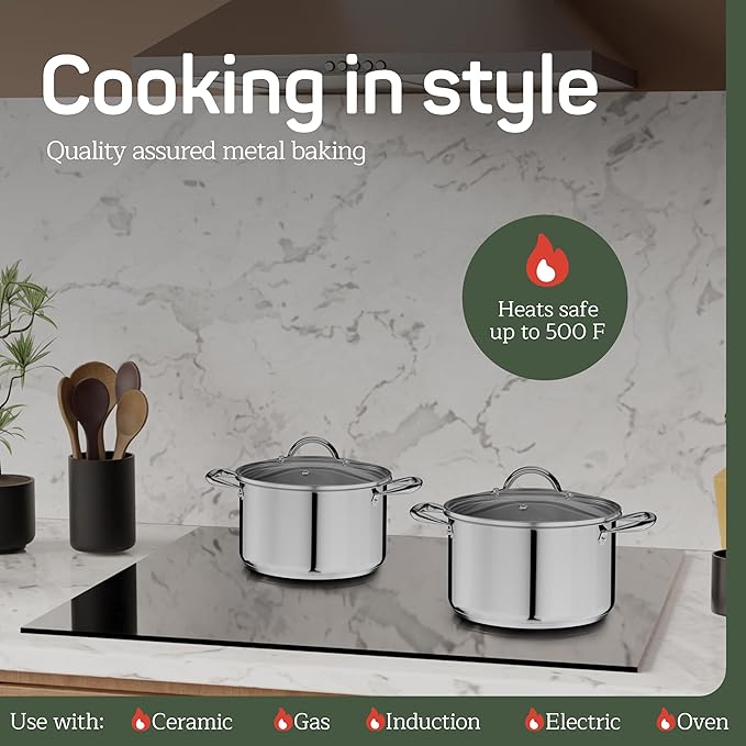 Stainless Steel Stockpot with Tempered Glass Lid 5 Quart, Durable 18/0 Stainless Steel, Impact-Bonded Base for Even Heating, Riveted Handles, Oven & All Stove Compatible, Safe Up To 500°F (260°C)