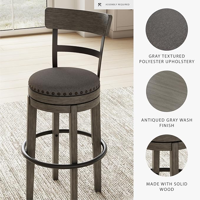 Signature Design by Ashley Caitbrook Casual Farmhouse Tall Upholstered Swivel Barstool, Nailhead Trim, Solid Wood, 30" H, Gray