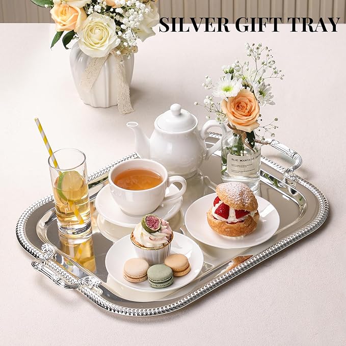 18.5"x14.5" Rectangular Silver Serving Tray with Handles, Beautiful Mirror Polished Finish, Lightweight Classic Metallic Decorative Silverplate Tray for Wedding Anniversary Birthday Holiday Gatherings