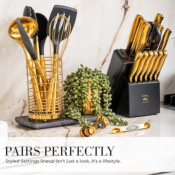 Styled Settings Black and Gold Kitchen Utensils Set – 15-Piece Cooking Set Includes Black Silicone Utensils, Gold Utensil Holder, and Magnetic Measuring Spoons – Stylish Kitchen Accessories