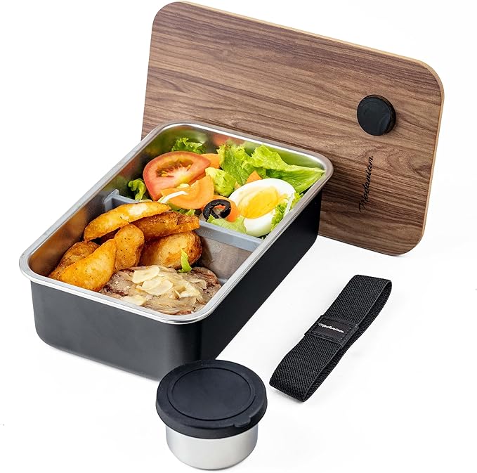Stainless Steel Bento Box Adult |leak proof| Stainless Steel Lunch Box | Metal Lunch box|Sandwich Lunch Container adult| Food compartments |large|bentobox| Lunchbox| Non toxic Bamboo Lid|Black