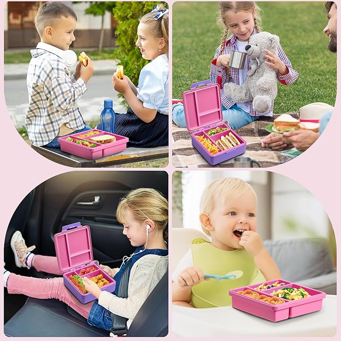 Chill Bento Lunch Box for Kids Adult with Ice Pack,Leak Proof 3 Compartments Lunch Container for Kids,Ice Pack Detachable Bento Box,BPA Free,Dishwasher & Microwave Safe-Pink Purple