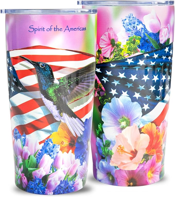 Hummingbird Tumbler - 20oz Stainless Steel Insulated | American Flag & Hummingbird Floral Design, Leak-Proof Patriotic Travel Mug for Hot/Cold Drinks, Hummingbird Gifts For Women, Her, Mom