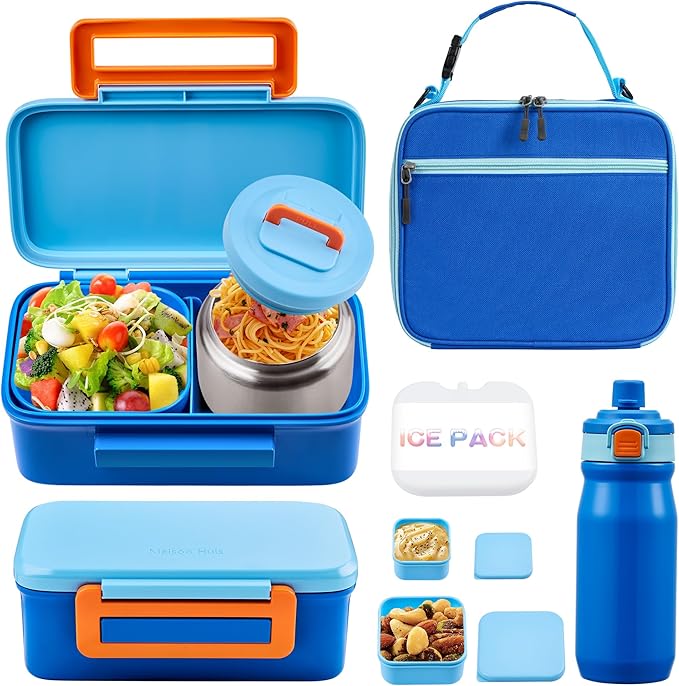 MAISON HUIS Bento Box for Kids with 8oz Soup Thermo, Insulated Lunch Bag & 17oz Water Bottle, 2-Compartment Bento Box with Built-In Ice Pack, Leak-Proof & BPA-Free (Blue)