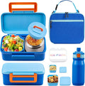 MAISON HUIS Bento Box for Kids with 8oz Soup Thermo, Insulated Lunch Bag & 17oz Water Bottle, 2-Compartment Bento Box with Built-In Ice Pack, Leak-Proof & BPA-Free (Blue)