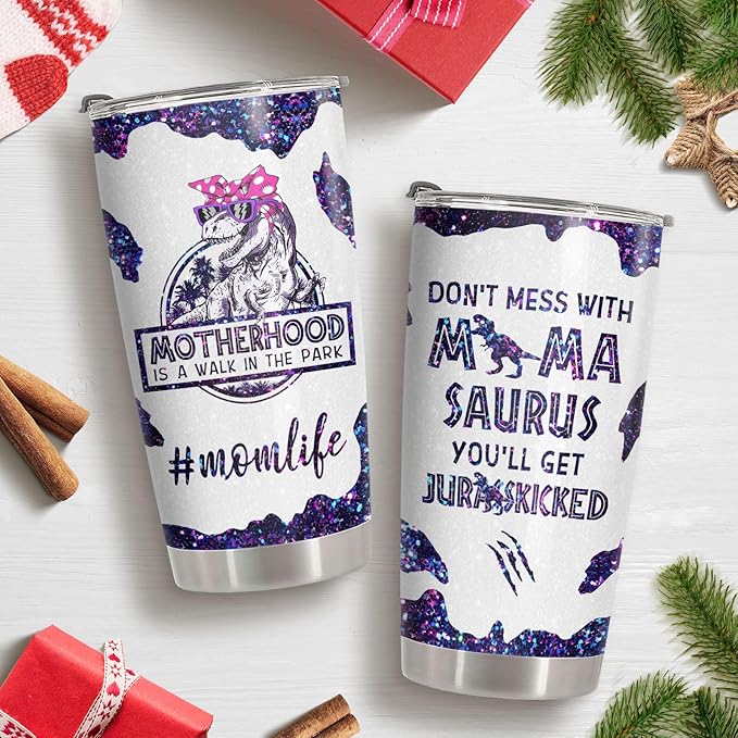 34HD Funny Dinosaur Mom Gifts, Purple Mamasaurus Tumbler with Lid, 20oz Stainless Steel Vacuum Insulated Momma Drinking Cup, Mothers Day Gifts for Mom from Son Daughter Husband