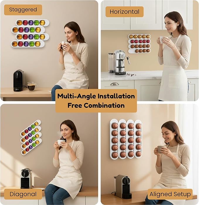 Bamboo Coffee Pod Holder, Adhesive Wall Mount for Cabinet Door, 20-Capsule Storage (Set of 4) — Vertical/Horizontal — Compatible with Nespresso Vertuo Line-White