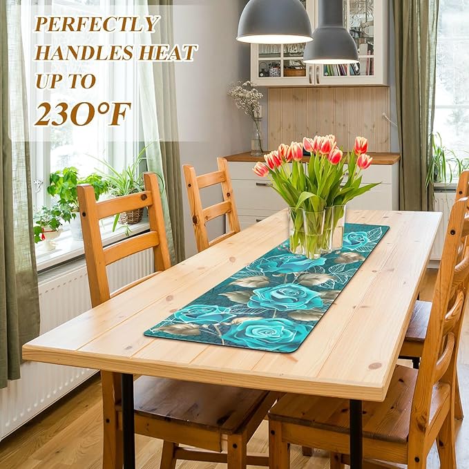 Valentine's Day Trivet Table Runner 40 Inches Long Turquoise Roses Leaves White Gold Contour Heat Resistant Hot Pad Multi Purpose Mat for for Hot Pots Pans Kitchen Countertops