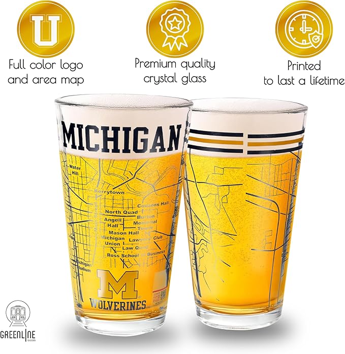Greenline Goods – University of Michigan Wolverines College Pint Beer Glasses (Set of 2), 16 oz – Full‑Color Logo + Campus Map