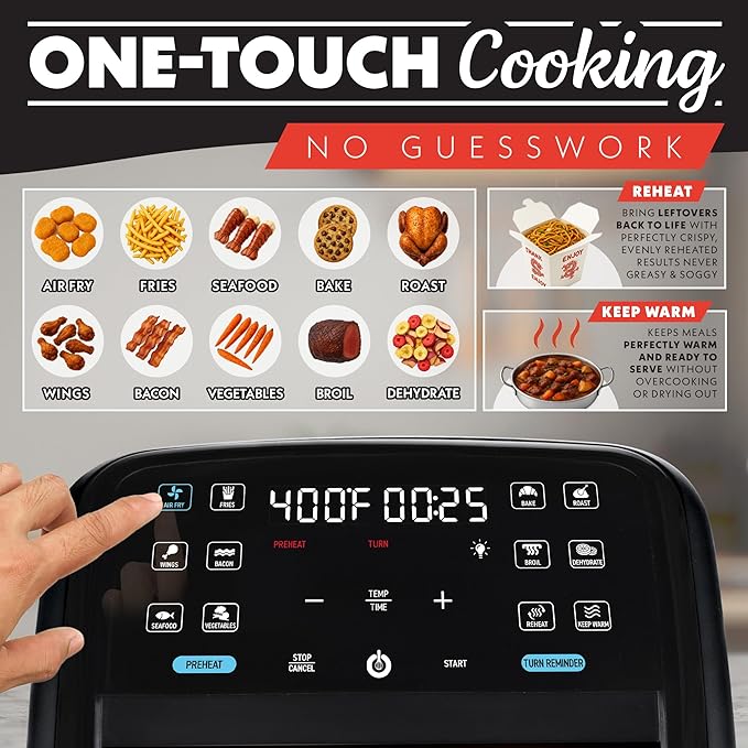 Gourmia Air Fryer 7 QT - Easy View Panoramic Window & Interior Light, Guided Cooking with 12 One-Touch Presets, FryForce 360, Dishwasher Safe Accessories, Black