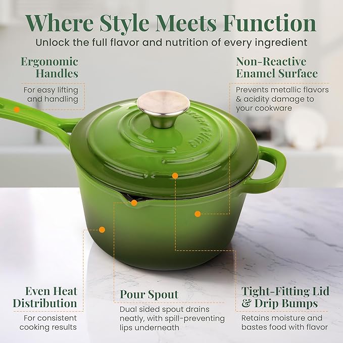 Larder & Vine Enameled Cast Iron Saucepan | 2.2 qt Sauce Pan with Lid | Saucepan with Pour Spouts | Enameled Cast Iron Pot Compatible on All Cooktops & Oven Safe to 500° F | Okra