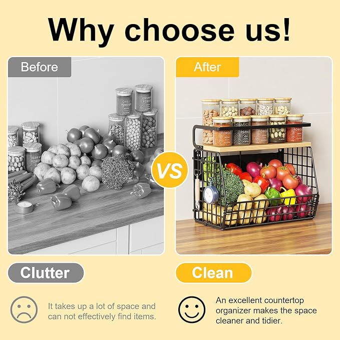 Magnetic Shelf for Fridge with Wood Lid, Fruit and Vegetable Storage Organizer, Wall Mounted Baskets with 4 Hooks, Magnetic Spice Shelves for Refrigerator, Countertop and Pantry