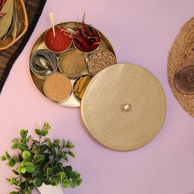 Brass Round Spice Box Masala Dabba-Spice Box Set With Spoon Container 80 ML Indian Masaladanni for Kitchen Counter With Spoon (Mandala, 7 Inch (Small Family))