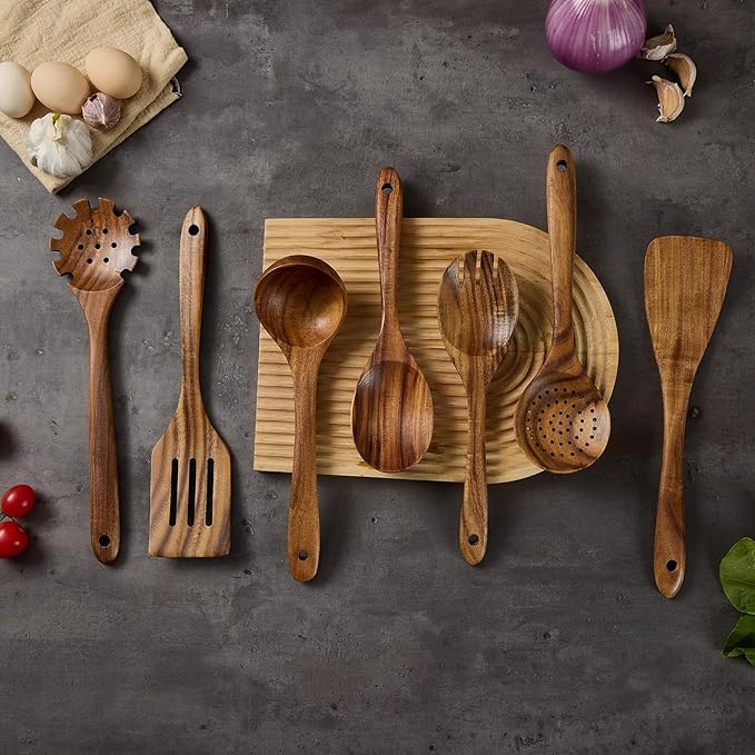 Wooden Kitchen Utensils Set, Teak Wood Cooking Spoons for Non-Stick Pans, 7 Pieces