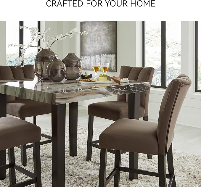 Signature Design by Ashley Jazmore Contemporary Velvet Upholstered Counter Height Bar Stool with Footrest and Adjustable Levelers, Set of 2, Dark Brown & Black