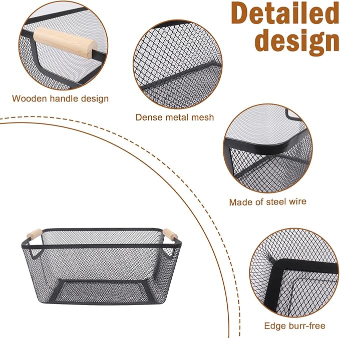 Potato and Onion Storage Bin with Garlic Bin, 3 Set Potato Bin Onion Container Garlic Keeper with Wooden Handle, Pantry Kitchen Metal Mesh Basket for Fruits, Vegetables and Produce-Black