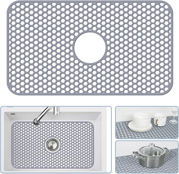 Silicone Sink Mat - 24.8''x13'' Sink Protector for Kitchen Sink with Center Drain - Kitchen Grid Accessory, Non-slip Heat Resistant Mat for Bottom of Farmhouse Stainless Steel (Center Hole)