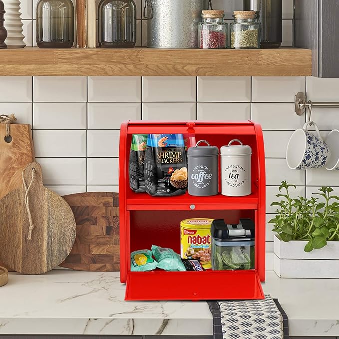 2 Layer Metal Bread Boxes, Bread Box Storage Bin Kitchen Container with Roll Top Lid Iron Countertop Containers Metal Food Storage Bread Keeper Large Capacity Home Kitchen Counter（Red）