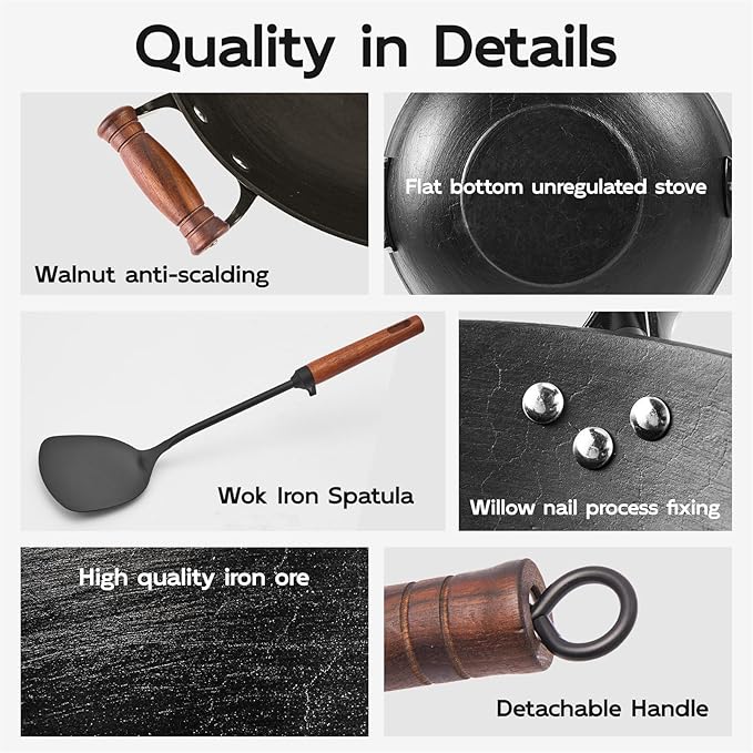 WANGYUANJI 13.4 Inch Cast Iron Wok with Lid and Iron Spatula, Flat Bottom Double-Handle Stir Fry Pan, Chemical-Free Uncoated Wok for Induction, Gas and Electric Stoves