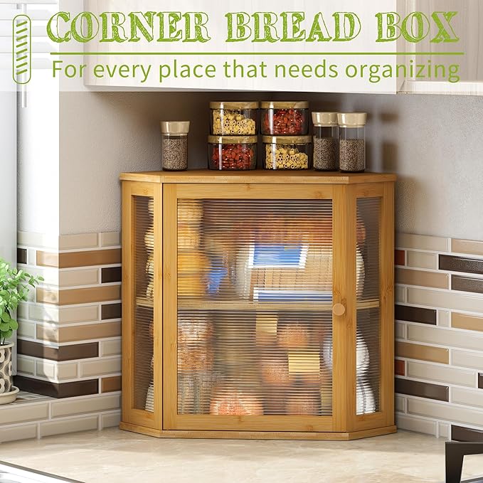 BMOSU Corner Bread Box for Kitchen Countertop Double Layer Bamboo Wooden Bread box Large Capacity Bread Storage Bin(Natural, Extra Large)