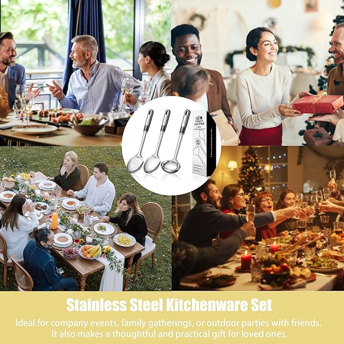 3-Piece Stainless Steel Cooking Spoons Set – Includes Slotted Spoon, Serving Spoon & Soup Ladle, Heat-Resistant, Dishwasher Safe, Ergonomic Handles for Home & Commercial Use