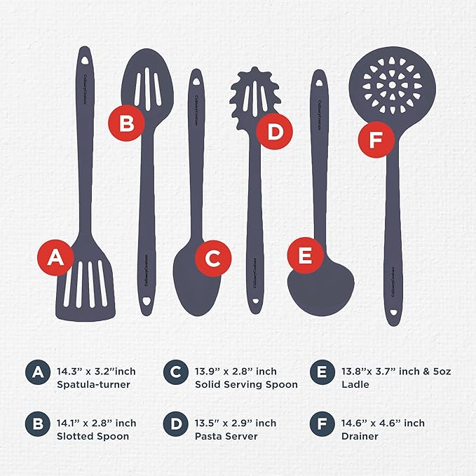 Culinary Couture Grey Silicone Kitchen Utensils Set of 6, Non-Stick Heat-Resistant Silicone Kitchen Utensils Set with Steel Inner Core