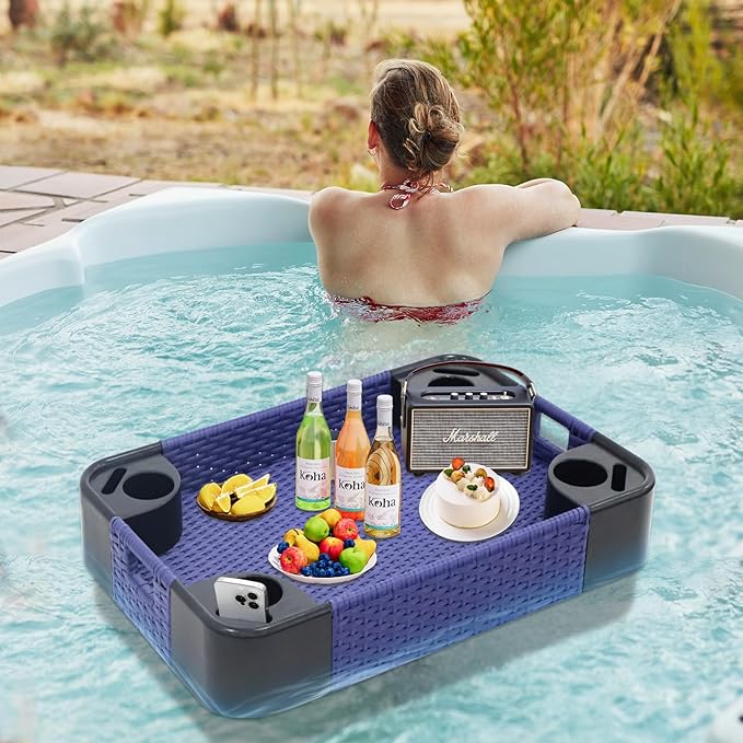COOS BAY 35''x24'' Rectangular Floating Drink Holder for Pool and Hot Hub, Large Floating Serving Tray with Handles, Wicker Floating Pool Tray for Food and Drinks, Blue