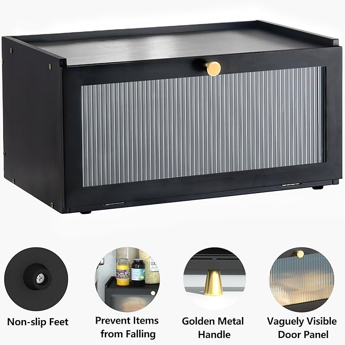Black Bread Box for Kitchen Countertop - Modern bamboo Bread box with Window Bread Storage Container
