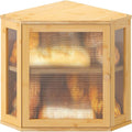 Corner Bread box for Kitchen Countertop,Farmhouse Bread Box with Acrylic Wavy Door Panel,Large Bread box for kitchen countertop,Kitchen Countertop Food Storage Container (Natural, Meduim)