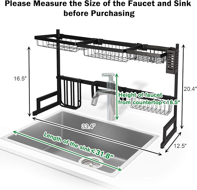 LUCKYERMORE Over The Sink Dish Drying Rack, 2 Tier Dish Drying Rack,Dish Drainer Rack for Kitchen Counter Organization and Storage,Space-Saving Dish Rack,33.4" x 12.5" x 20.4", Black