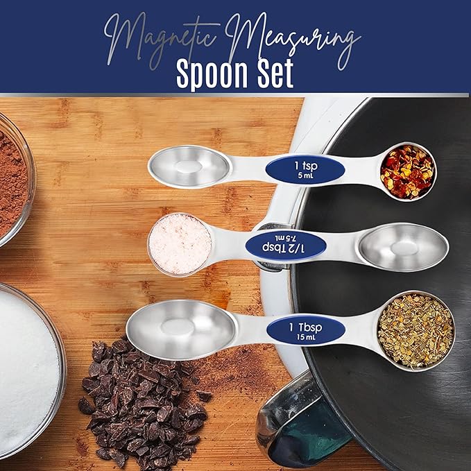 Magnetic Measuring Spoons Set of 9 Stainless Steel Dual-Sided Stackable Measuring Spoon Nesting Teaspoons Measuring Dry and Liquid Ingredients, Fits in Spice Jars Set of 9 (Sapphire)