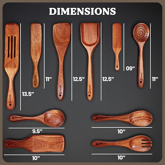 100% Natural Acacia Wooden Cooking Utensils Set - 10 Pcs Wooden Spurtle Set - Spurtles Kitchen Tools As Seen On TV Paddle - Safe for Nonstick Cookware - Stirs Like a Spoon, Flips Like A Spatula