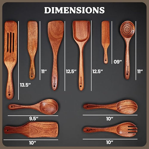 100% Natural Acacia Wooden Cooking Utensils Set - 10 Pcs Wooden Spurtle Set - Spurtles Kitchen Tools As Seen On TV Paddle - Safe for Nonstick Cookware - Stirs Like a Spoon, Flips Like A Spatula
