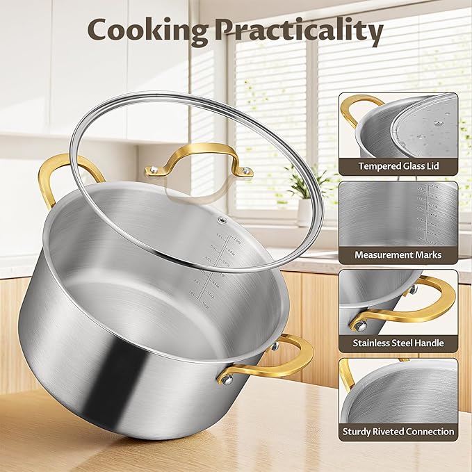 BEZIA 12 QT 3-Ply Stainless Steel Stock Pot with Lid, Large Soup Pot, Exceptional Heat Distribution, Induction Stockpot for All Stoves, Cooking Pot for Pasta, Soup, Spaghetti, Silver