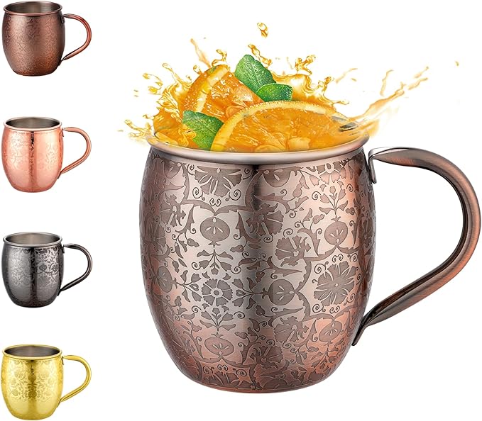Moscow Mule Mugs - 18 Oz Copper-Plated Fine Craftsmanship Etched Mugs,304 Stainless Steel-Lined Mule Cups,For Cold Drinks, Beer, Wine, Bars, Parties