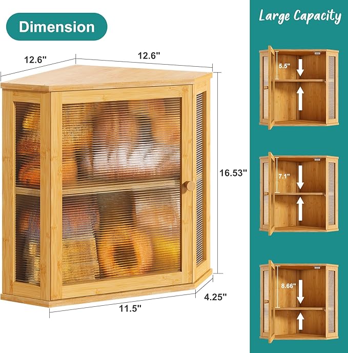 Corner Bread Box, Large Bamboo Bread Box for Kitchen Countertop, 2 Tier Wooden Bread Storage (Natural, Large)