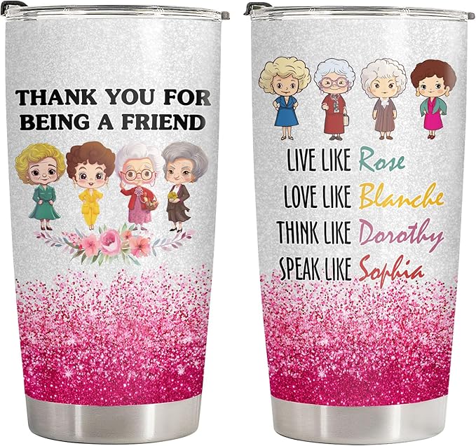 34HD Golden Tumbler 20oz – Thank You for Being a Friend – Double Wall Vacuum Insulated Stainless Steel Cup – Keeps Drinks Hot or Cold – Glitter Travel Mug Gift for Women & Friends