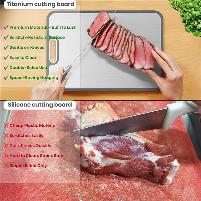 A DURA Titanium Cutting Board with Double-Sided Design - Pure Titanium, Wheat Straw PP, Juice Groove Garlic, Grinding Zone Chopping Board for Meat, Vegetables & Fruits, Dishwasher Safe, Easy to Clean,