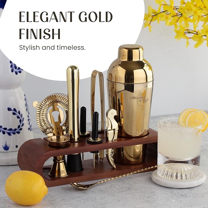 Mixology & Craft Bartender Kit: 10-Piece Cocktail Shaker Set with Dark Bamboo Stand | Complete at Home Bar Set with Bar Accessories | Great Housewarming Gift | Leak-Proof Design (Gold)