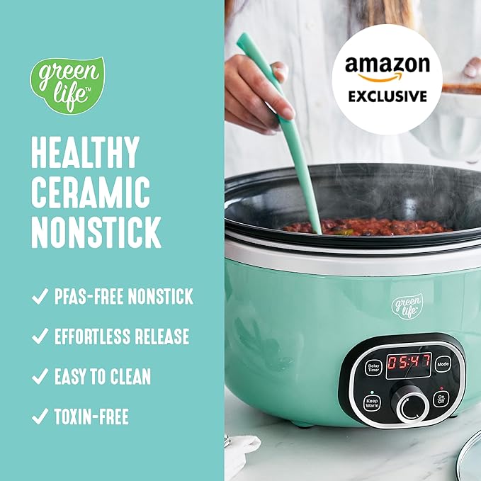 GreenLife 8QT Slow Cooker, Non-Toxic PFAS-Free Ceramic Nonstick Removable Interior Bowl, Programmable, Family Friendly, Keep Warm, Stovetop & Oven Safe, Dishwasher Safe Crock, Glass Lid, Turquoise