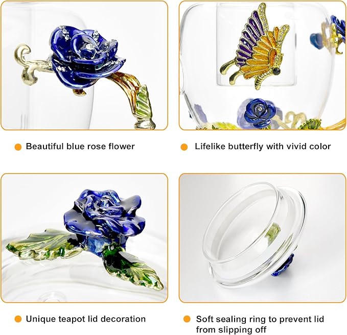 46oz/1300ml Enamel Glass Teapot With Rose Flower Butterfly And Gold Edge,Blue Rose Teapot With Infuser And Lid For Mom,Women,Mother,Birthday