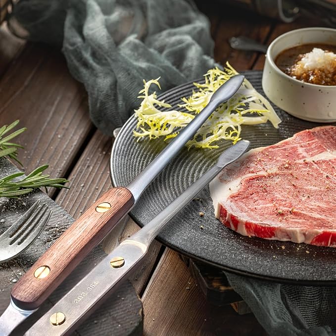 Exquisite Lightweight Cooking Tongs - 304 Stainless Steel & Walnut Wood, Comfortable Grip, Non-Slip Design, High Heat Resistant - Ideal for Light and small food, Kitchen Plating, Korean BBQ, 2 Pack