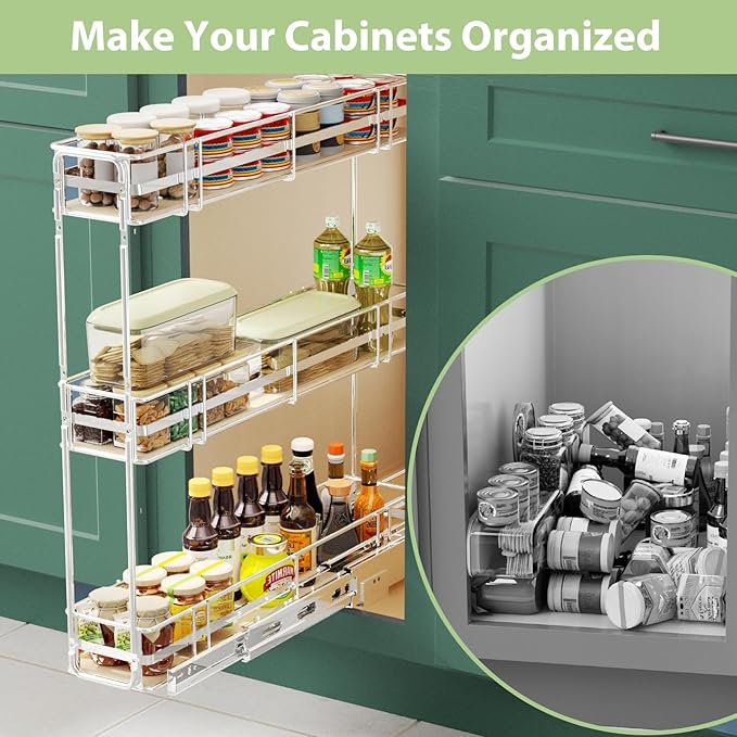 Pull Out Spice Rack Cabinet Organizer 5" W x 20½" D, 3 Tier Heavy Duty Slide Out Wood Shelf for Narrow Cabinet, Pull Out Storage for Kitchen